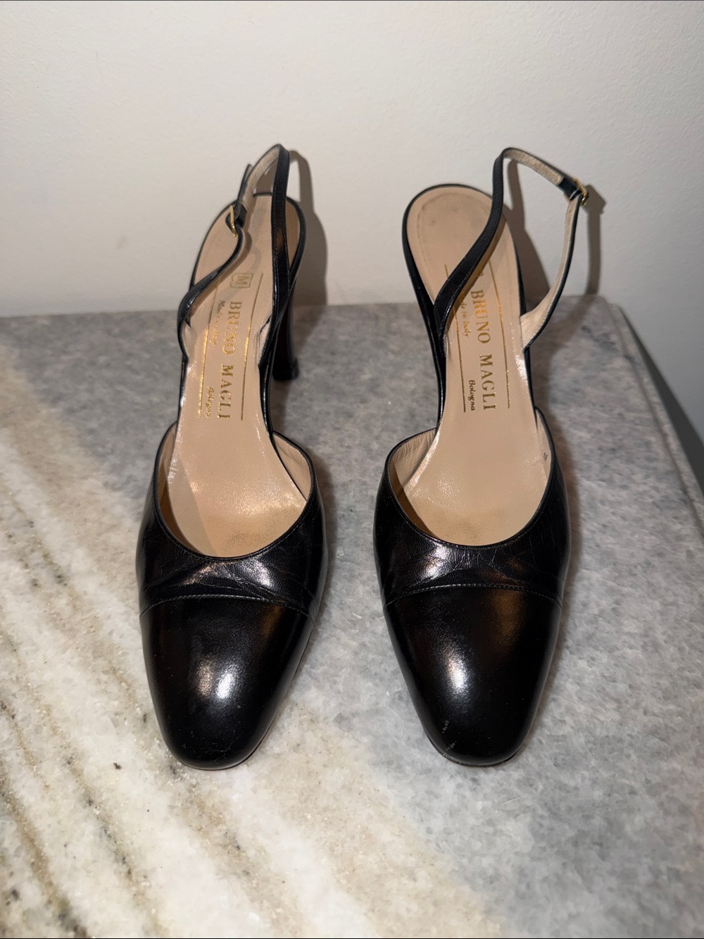Bruno Magli Black Leather Pointed Slingback Pumps